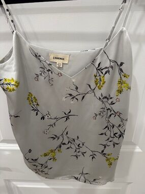 L'AGENCE Light Green Floral Silk Camisole with Yellow and grey Accents